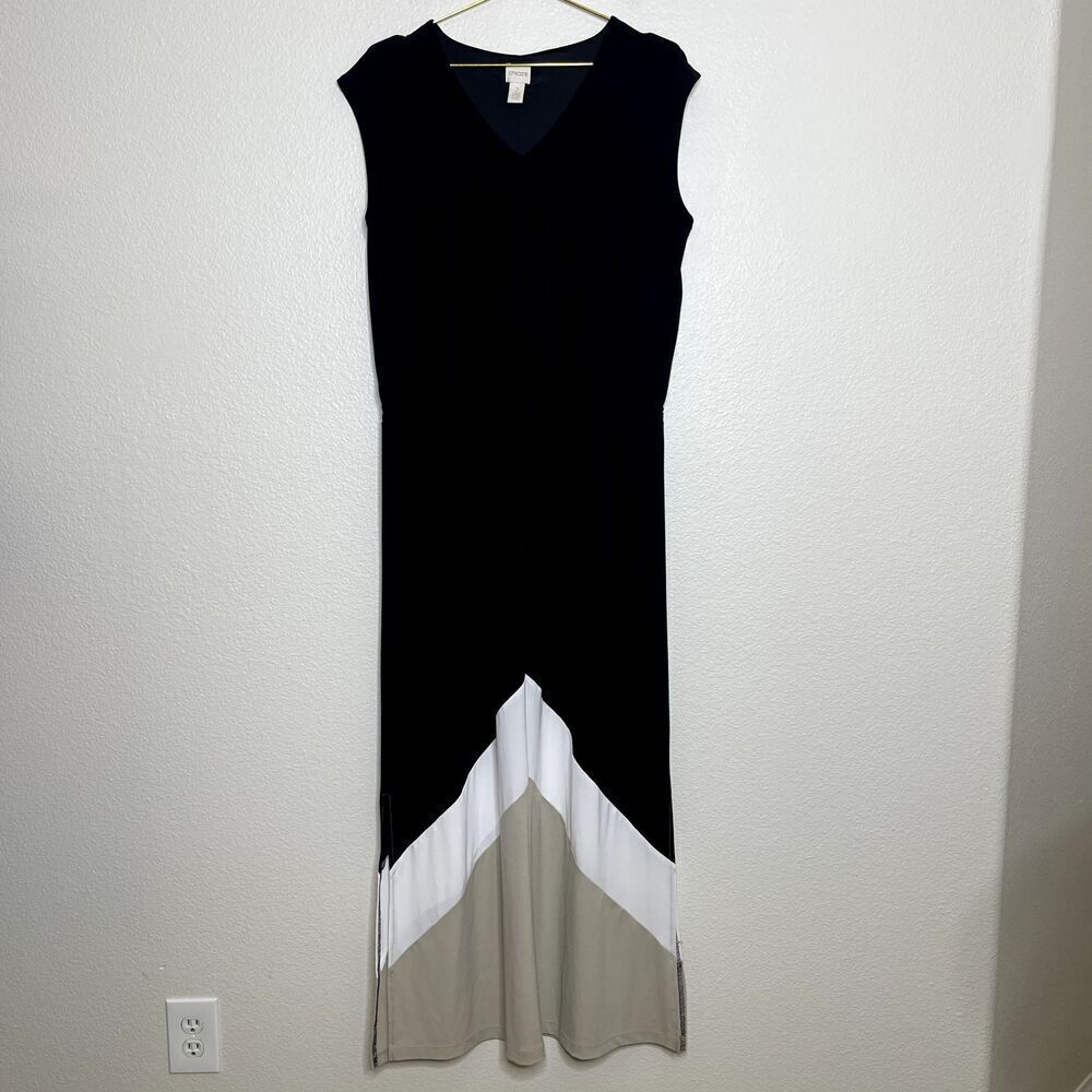 Chicos Dress Sz 2 Large Maxi Knit Kit Colorblock Cap Sleeves Gathered Waist - Picture 2 of 14